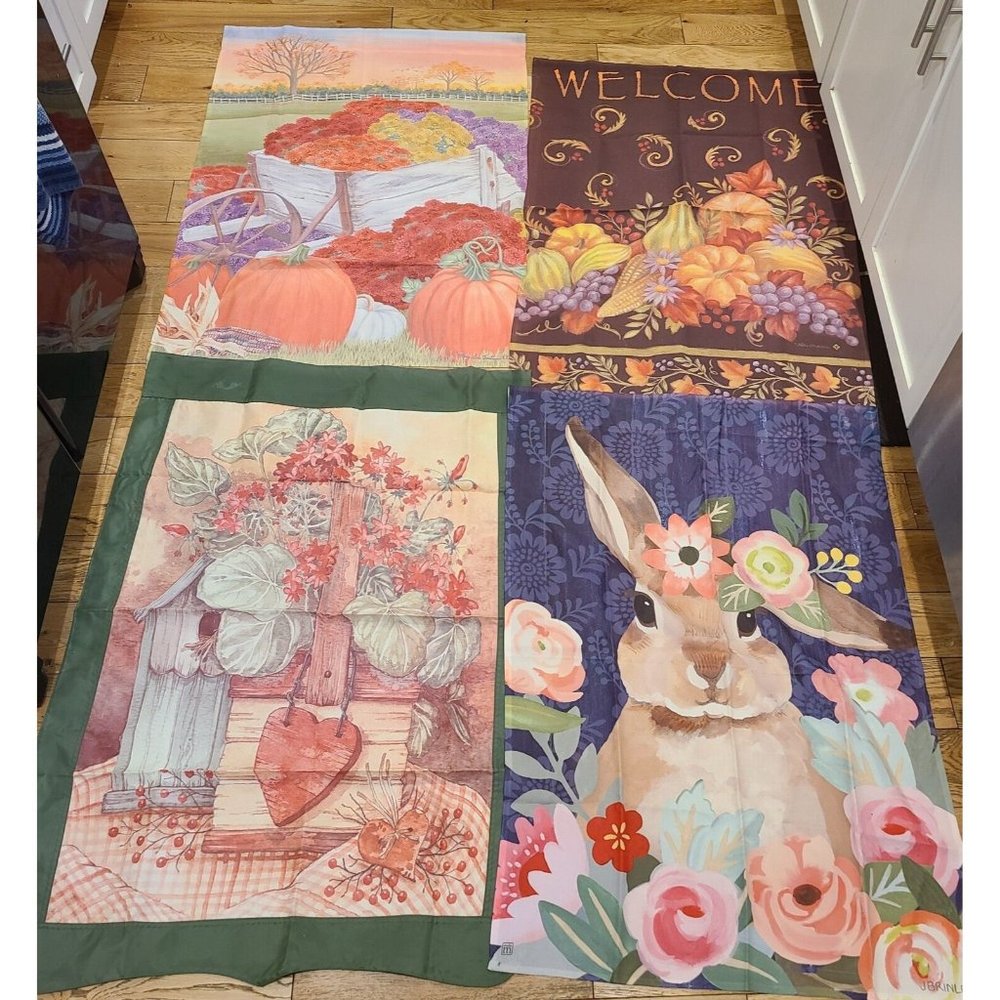 Lot of 4 Garden Flags. Spring Bunny.  Fall Pumpkins Garden Greenhouse Nursery